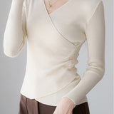 V-Neck Front Cross Side Gathered Button Decor Knit - 4 Colors Available