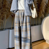 High-Waisted Draped Straight-Leg Plaid Wide-Leg Pants