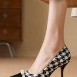 Elegant Houndstooth Pearl High Heels