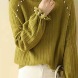 Elegant beaded high - neck knitted sweater