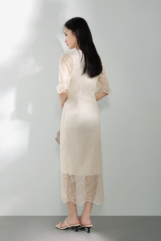 Front slit scalloped hem long lace dress with lining