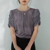 Mixed Material Round Neck Gathered Sleeve Blouse - 2 Colors Available