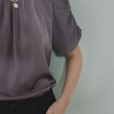 Mixed Material Round Neck Gathered Sleeve Blouse - 2 Colors Available