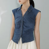 Skipper Collar Gathered Denim Gilet