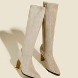 Suede pointed-toe chunky heel over-the-knee boots.