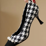 Elegant Houndstooth Pearl High Heels