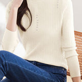 Pearl-Embellished Mock Neck Knit Sweater