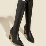 Suede pointed-toe chunky heel over-the-knee boots.