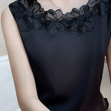 Round Neck Embroidered Lace Contrast Satin Vest - 3 Colors Available