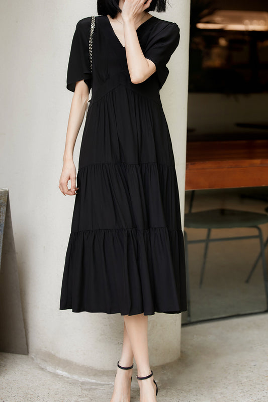 V-neck flare sleeve long tiered dress with lining, 2 colors included