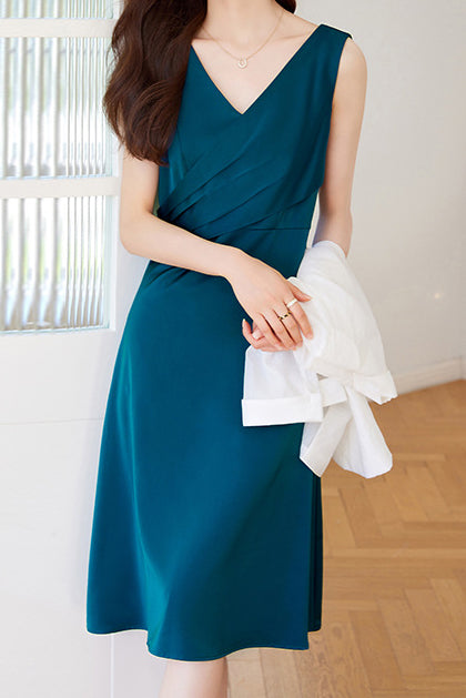 V-neck tucked-in elegant tank dress with lining, 3 colors included