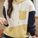 Contrast-color spliced hooded top