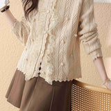 Ruffled Collar Embroidered Lace Decor Knit Cardigan