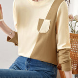 Color-blocked Long Sleeve Round Neck T-shirt