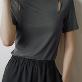 Off Neck Cut-Out Short Sleeve T-Shirt - 2 Colors Available