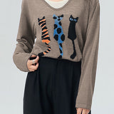 Fake two - piece long - sleeved cat - pattern knitted sweater.