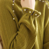 Elegant beaded high - neck knitted sweater