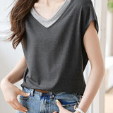 Fake Two-piece Color-blocked V-neck T-shirt