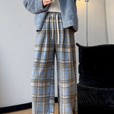 High-Waisted Draped Straight-Leg Plaid Wide-Leg Pants