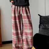 High-Waisted Draped Straight-Leg Plaid Wide-Leg Pants