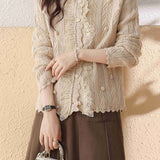 Ruffled Collar Embroidered Lace Decor Knit Cardigan