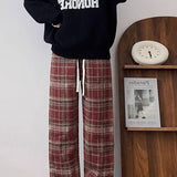 High-Waisted Draped Straight-Leg Plaid Wide-Leg Pants