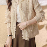 Ruffled Collar Embroidered Lace Decor Knit Cardigan