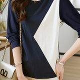 Blue and White Color Block Round Neck Sweatshirt