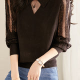 Sheer Sleeve Lace Detail Long Sleeve Slim Fit Knit - 2 Colors Available