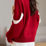 Red Round Neck Loose Knit with Ribbon