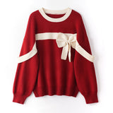 Red Round Neck Loose Knit with Ribbon