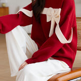 Red Round Neck Loose Knit with Ribbon