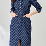 Denim Embroidered Long Sleeve Dress