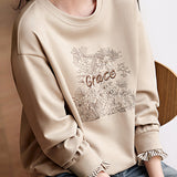 Elegant Floral Letter Embroidery Round Neck Sweatshirt