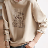 Elegant Floral Letter Embroidery Round Neck Sweatshirt