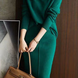 Elegant Solid Color Knit Two-piece Set: High-neck Knit Top + Knit Skirt