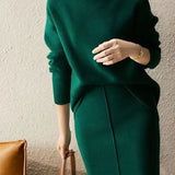 Elegant Solid Color Knit Two-piece Set: High-neck Knit Top + Knit Skirt