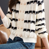 Fashionable Color Block Striped Knit Cardigan in Chanel Style