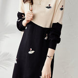 Wool Color-Block Swan Pattern Knit Dress