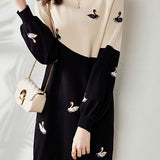 Wool Color-Block Swan Pattern Knit Dress