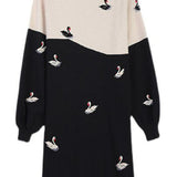 Wool Color-Block Swan Pattern Knit Dress