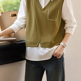 Color Block Spliced Faux Layered Vest Shirt