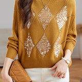 Round Neck Diamond Pattern Sequin Knit Sweater