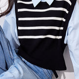 Faux Two-Piece Long-Sleeve Striped Knit Sweater