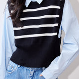 Faux Two-Piece Long-Sleeve Striped Knit Sweater