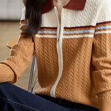 Polo Collar Retro Color-Block Knit Cardigan