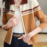 Polo Collar Retro Color-Block Knit Cardigan