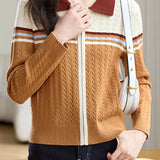 Polo Collar Retro Color-Block Knit Cardigan