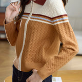 Polo Collar Retro Color-Block Knit Cardigan