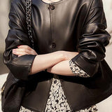 Short Faux Sheepskin Trapeze Round Neck Leather Jacket